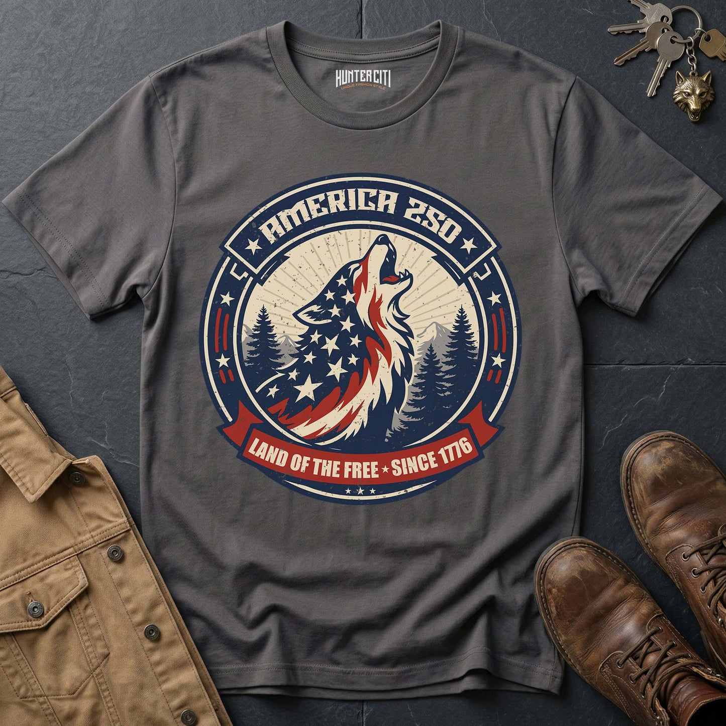America 250 Land of the Free Wolf T-Shirt Since 1776 Howling Wolf USA Anniversary Patriotic Badge Tee Gift