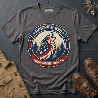 America 250 Land of the Free Wolf T-Shirt Since 1776 Howling Wolf USA Anniversary Patriotic Badge Tee Gift