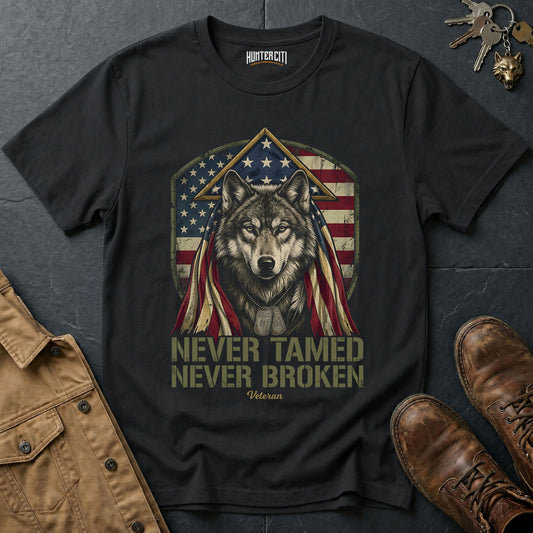 Never Tamed Never Broken Veteran T-Shirt - American Wolf Dog Tags Patriotic Military Wolf Graphic Tee Gift for Him