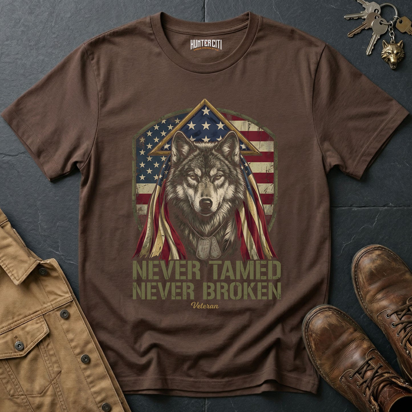 Never Tamed Never Broken Veteran T-Shirt - American Wolf Dog Tags Patriotic Military Wolf Graphic Tee Gift for Him