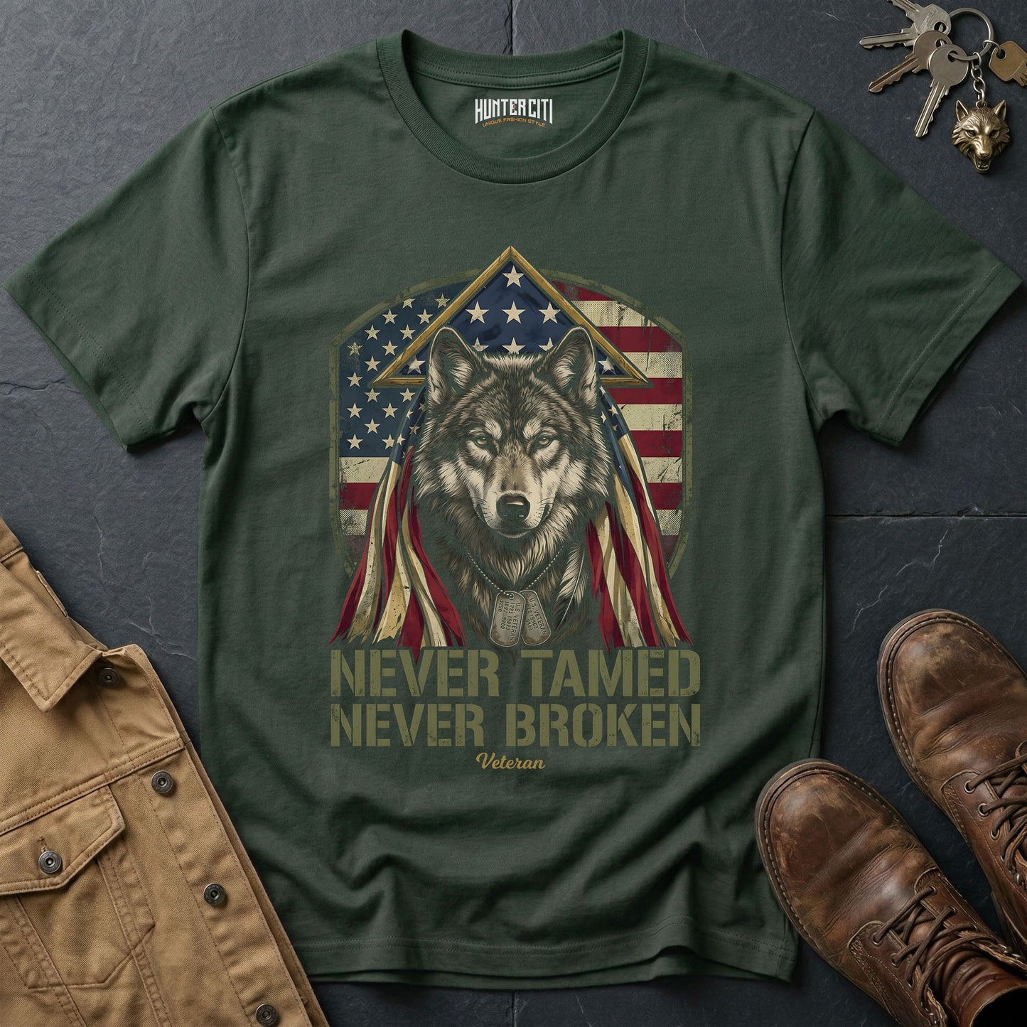 Never Tamed Never Broken Veteran T-Shirt - American Wolf Dog Tags Patriotic Military Wolf Graphic Tee Gift for Him