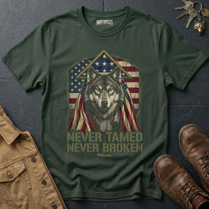 Never Tamed Never Broken Veteran T-Shirt - American Wolf Dog Tags Patriotic Military Wolf Graphic Tee Gift for Him