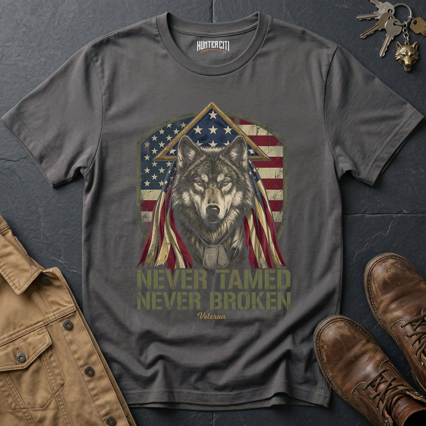 Never Tamed Never Broken Veteran T-Shirt - American Wolf Dog Tags Patriotic Military Wolf Graphic Tee Gift for Him