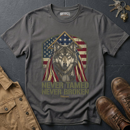 Never Tamed Never Broken Veteran T-Shirt - American Wolf Dog Tags Patriotic Military Wolf Graphic Tee Gift for Him