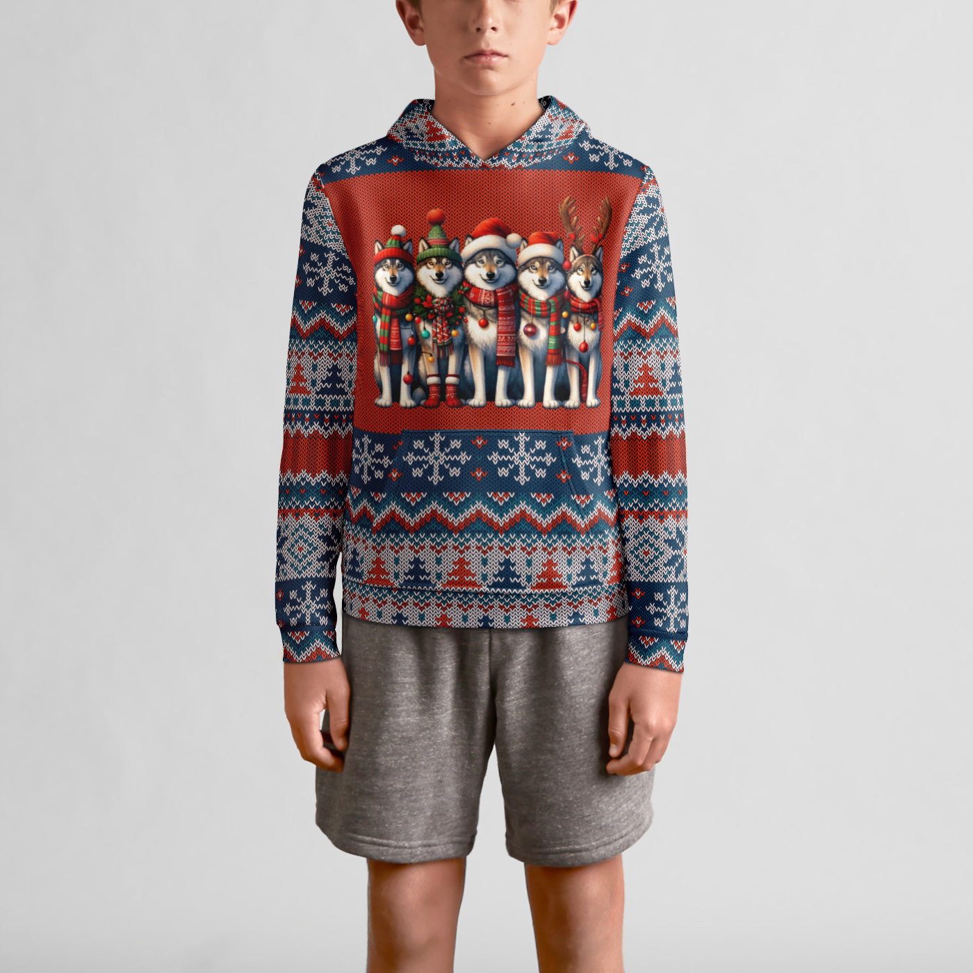 Festive Wolf Pack Youth Pullover Hoodie - Christmas Animal Sweater for Kids