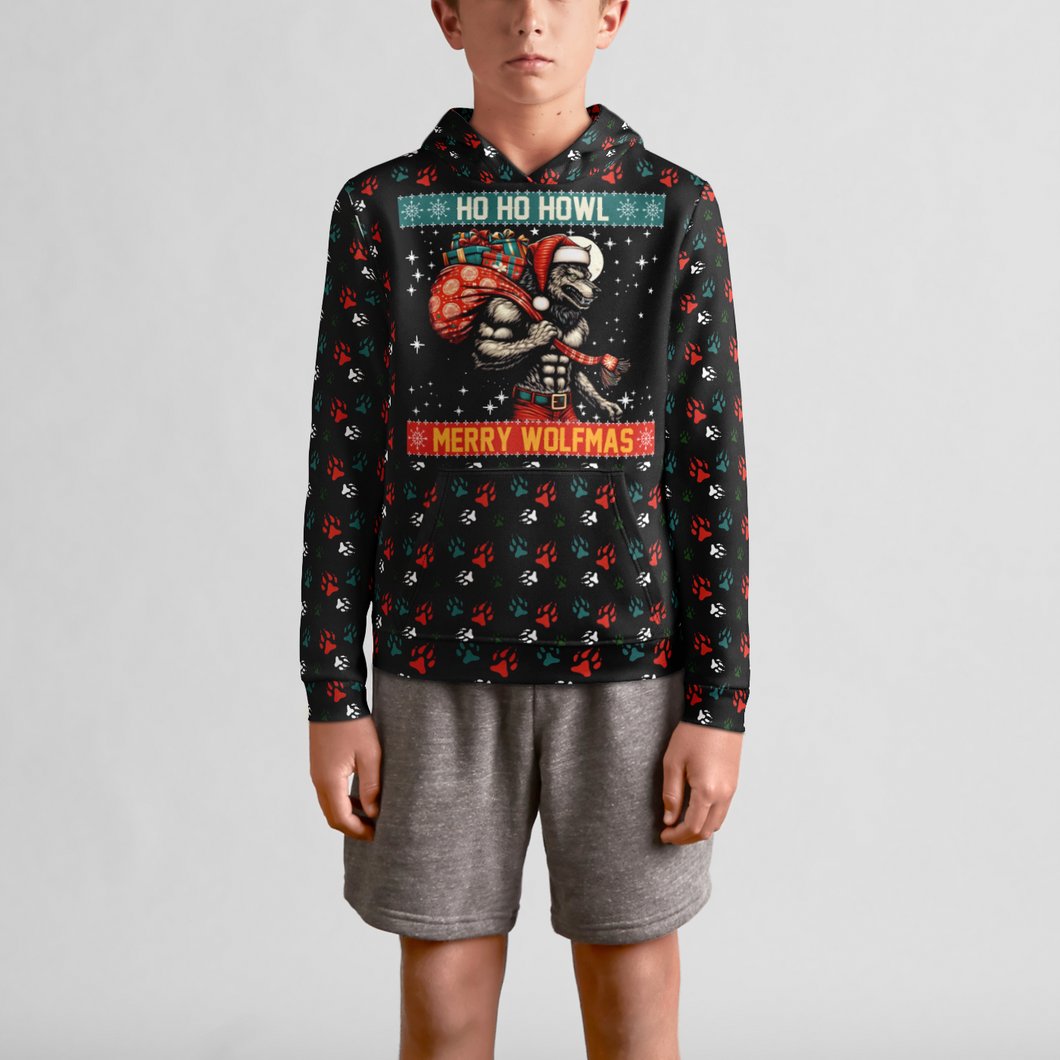 Ho Ho Howl Merry Wolfmas Youth Pullover Hoodie - Festive Design for the Holidays