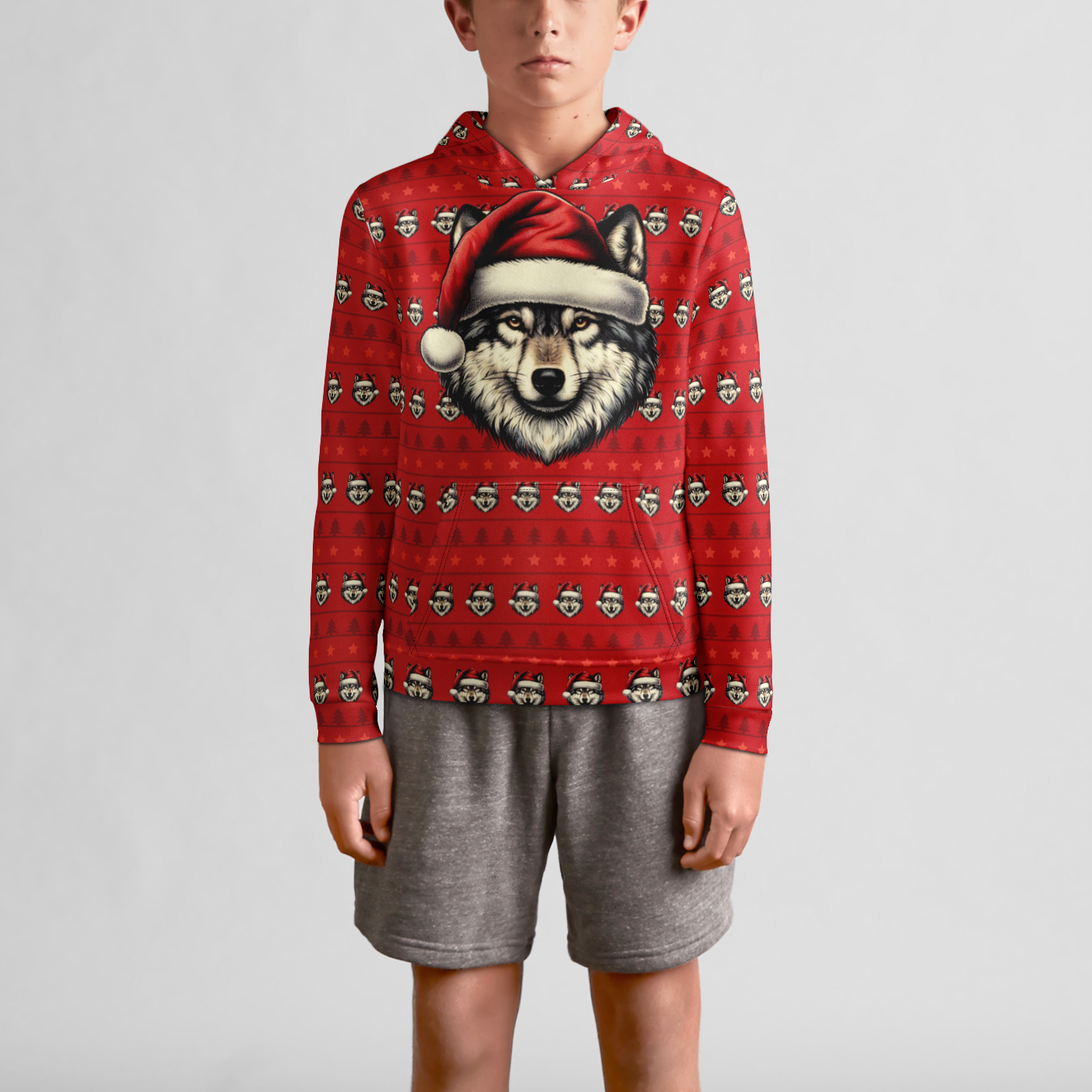 Santa Wolf Youth Pullover Hoodie - Funny Christmas Hoodie for Kids with Festive Wolf Design