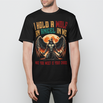 I Hold a Wolf and an Angel in Me Graphic Mens T-Shirt – Spiritual Wolf Angel Werewolf Tee