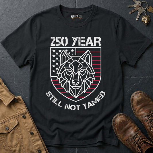250 Year Still Not Tamed T-Shirt - America 250th Anniversary Geometric Wolf Shield Patriotic Graphic Tee USA Gift