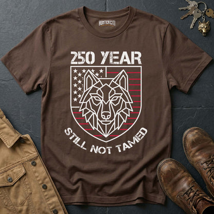 250 Year Still Not Tamed T-Shirt - America 250th Anniversary Geometric Wolf Shield Patriotic Graphic Tee USA Gift