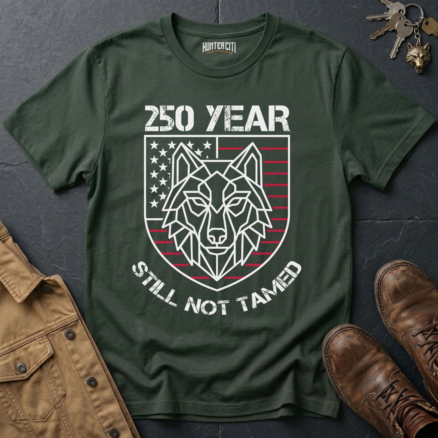 250 Year Still Not Tamed T-Shirt - America 250th Anniversary Geometric Wolf Shield Patriotic Graphic Tee USA Gift