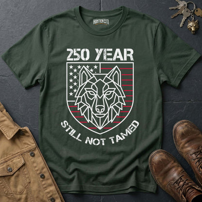250 Year Still Not Tamed T-Shirt - America 250th Anniversary Geometric Wolf Shield Patriotic Graphic Tee USA Gift