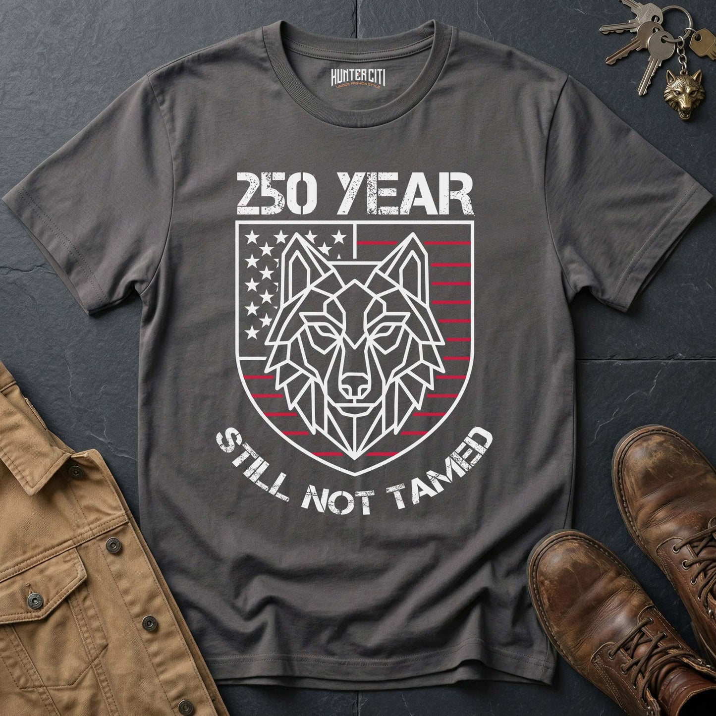 250 Year Still Not Tamed T-Shirt - America 250th Anniversary Geometric Wolf Shield Patriotic Graphic Tee USA Gift