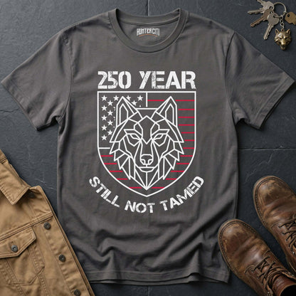 250 Year Still Not Tamed T-Shirt - America 250th Anniversary Geometric Wolf Shield Patriotic Graphic Tee USA Gift