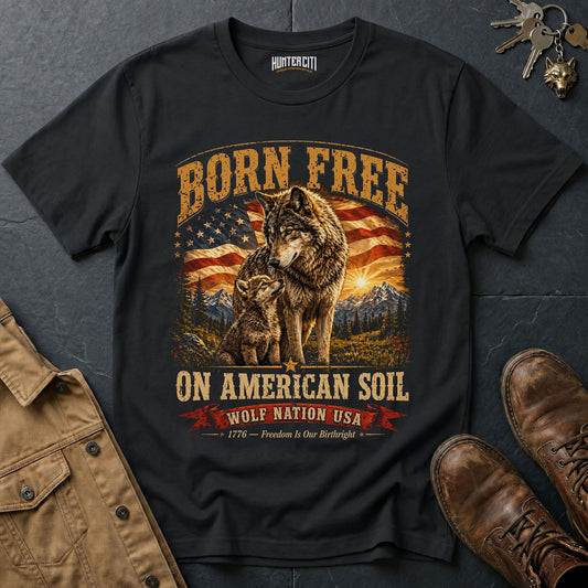 Born Free on American Soil T-Shirt - Wolf Nation USA Patriotic Wolf Family Graphic Tee Gift for Men Women