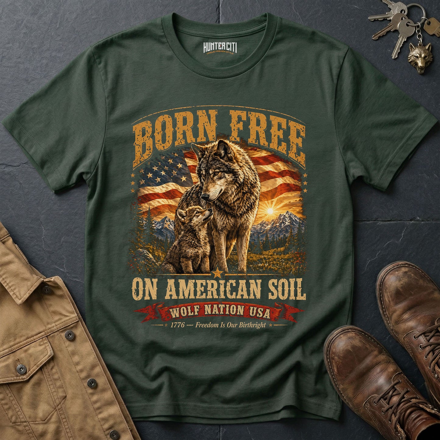 Born Free on American Soil T-Shirt - Wolf Nation USA Patriotic Wolf Family Graphic Tee Gift for Men Women