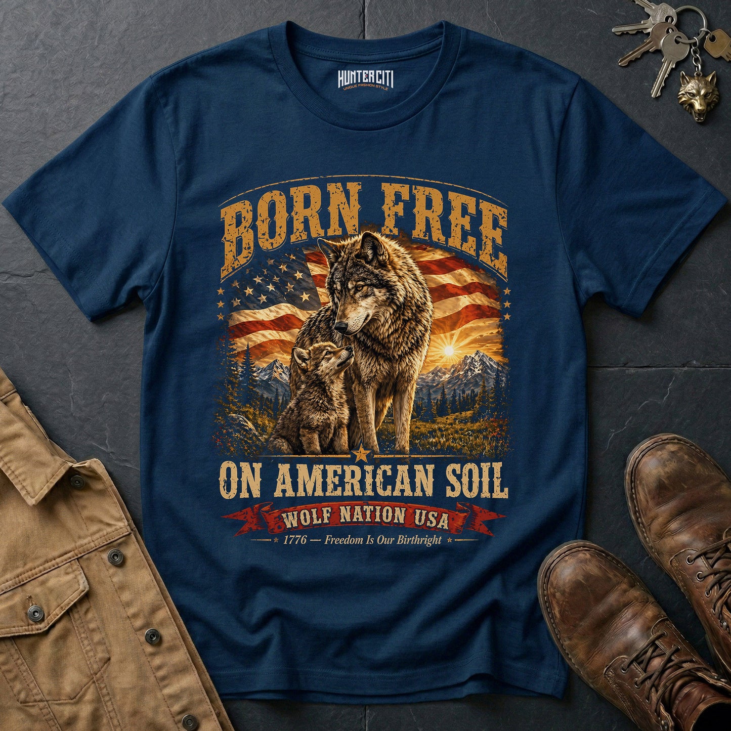 Born Free on American Soil T-Shirt - Wolf Nation USA Patriotic Wolf Family Graphic Tee Gift for Men Women