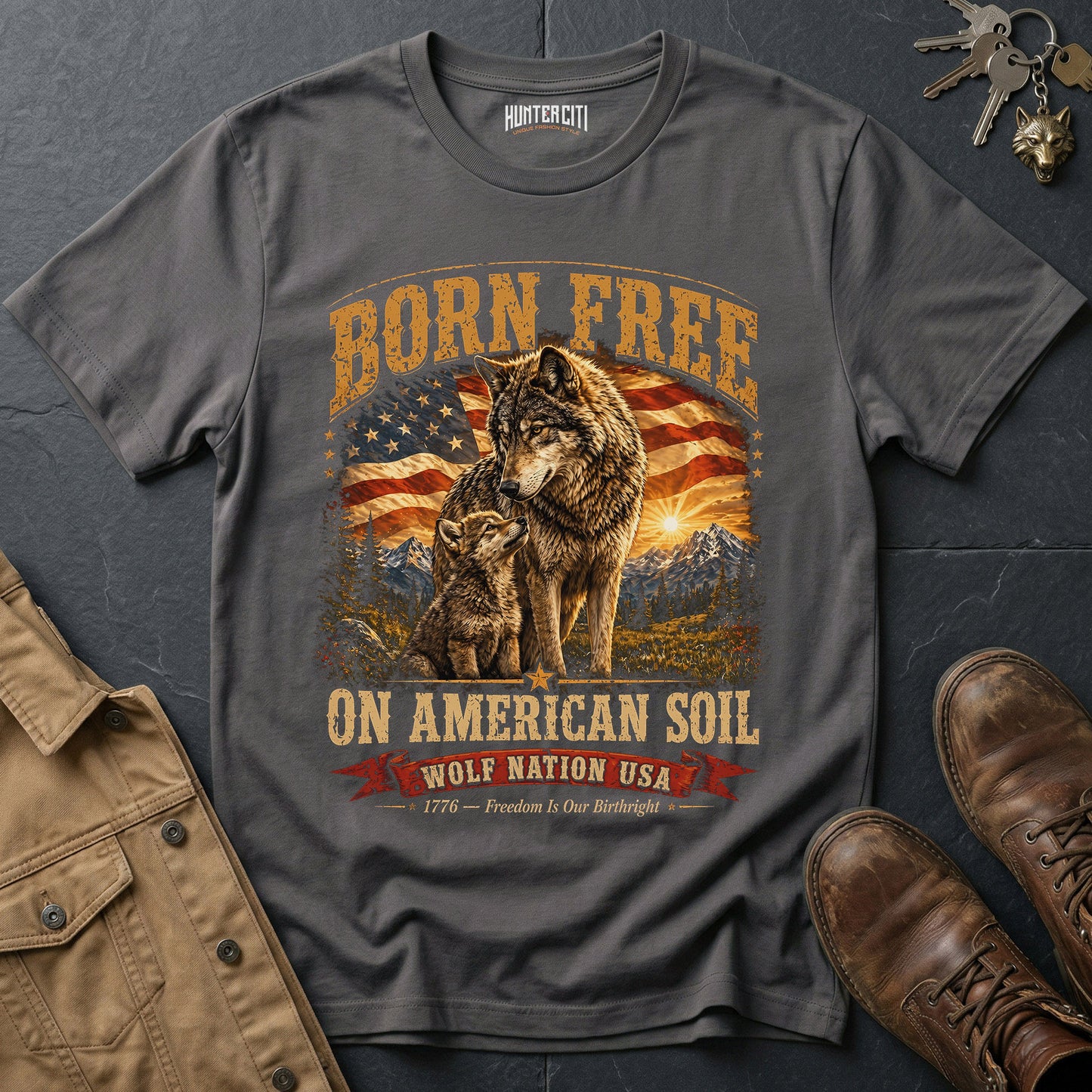 Born Free on American Soil T-Shirt - Wolf Nation USA Patriotic Wolf Family Graphic Tee Gift for Men Women