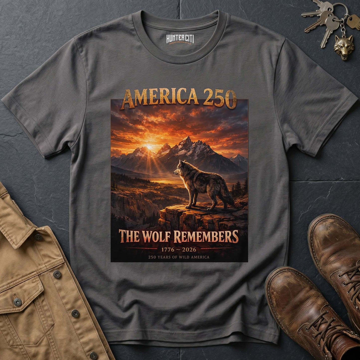 America 250 The Wolf Remembers Landscape T-Shirt - 1776 2026 Wolf Anniversary Cinematic Graphic Tee USA Gift