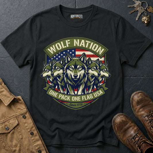 Wolf Nation One Pack One Flag USA Since 1776 T-Shirt - Patriotic 5 Wolf Pack Badge Graphic Tee Gift for Men