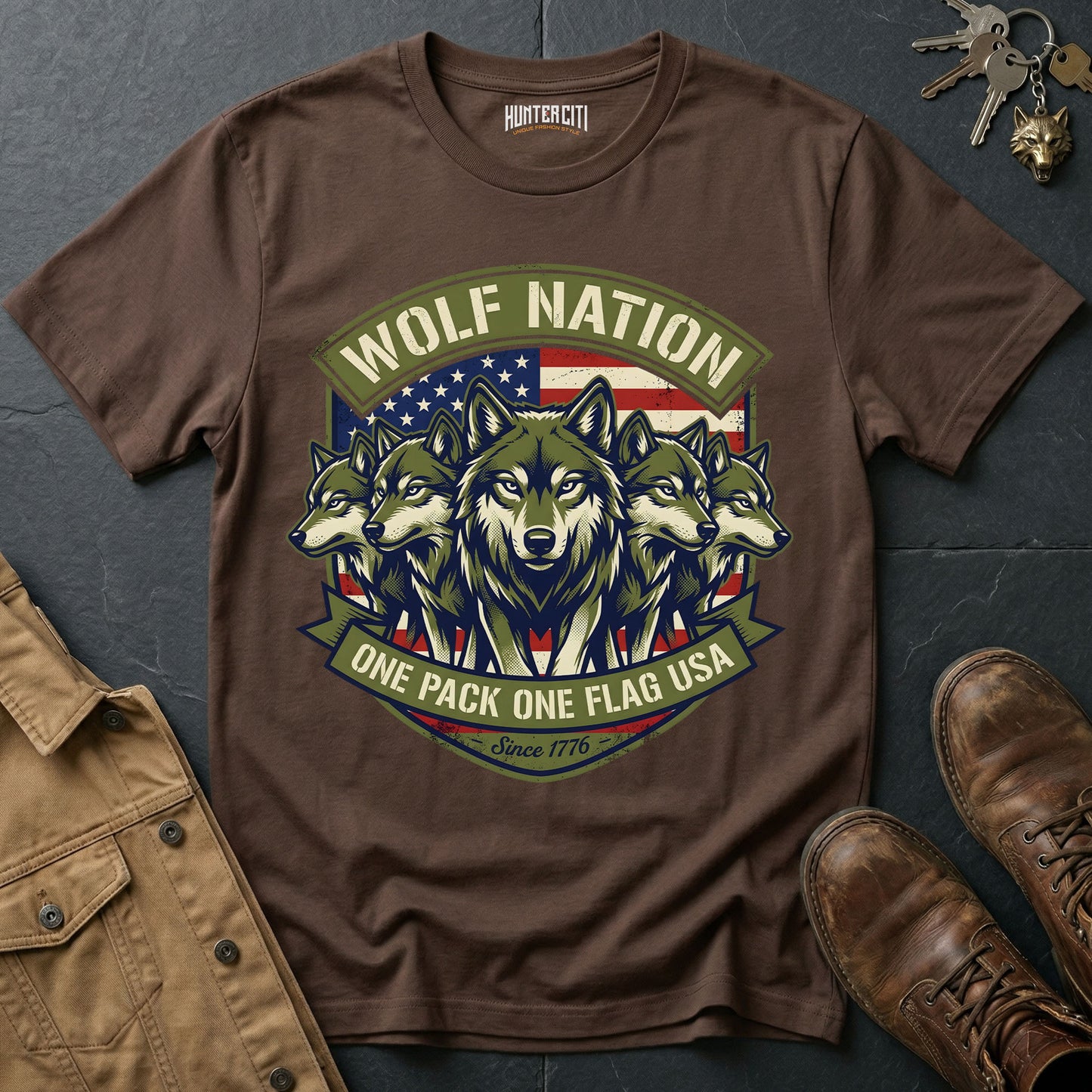Wolf Nation One Pack One Flag USA Since 1776 T-Shirt - Patriotic 5 Wolf Pack Badge Graphic Tee Gift for Men