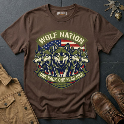 Wolf Nation One Pack One Flag USA Since 1776 T-Shirt - Patriotic 5 Wolf Pack Badge Graphic Tee Gift for Men