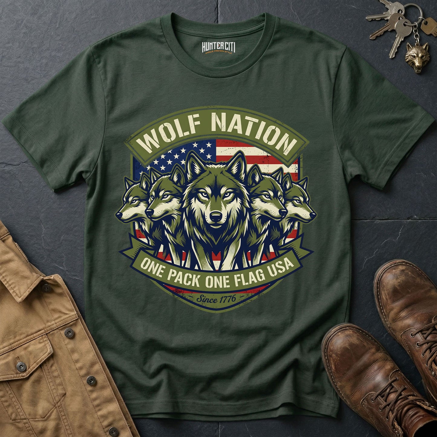 Wolf Nation One Pack One Flag USA Since 1776 T-Shirt - Patriotic 5 Wolf Pack Badge Graphic Tee Gift for Men