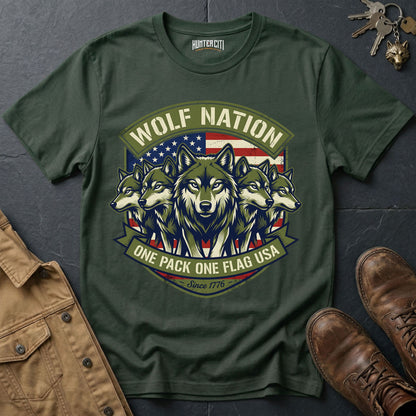 Wolf Nation One Pack One Flag USA Since 1776 T-Shirt - Patriotic 5 Wolf Pack Badge Graphic Tee Gift for Men