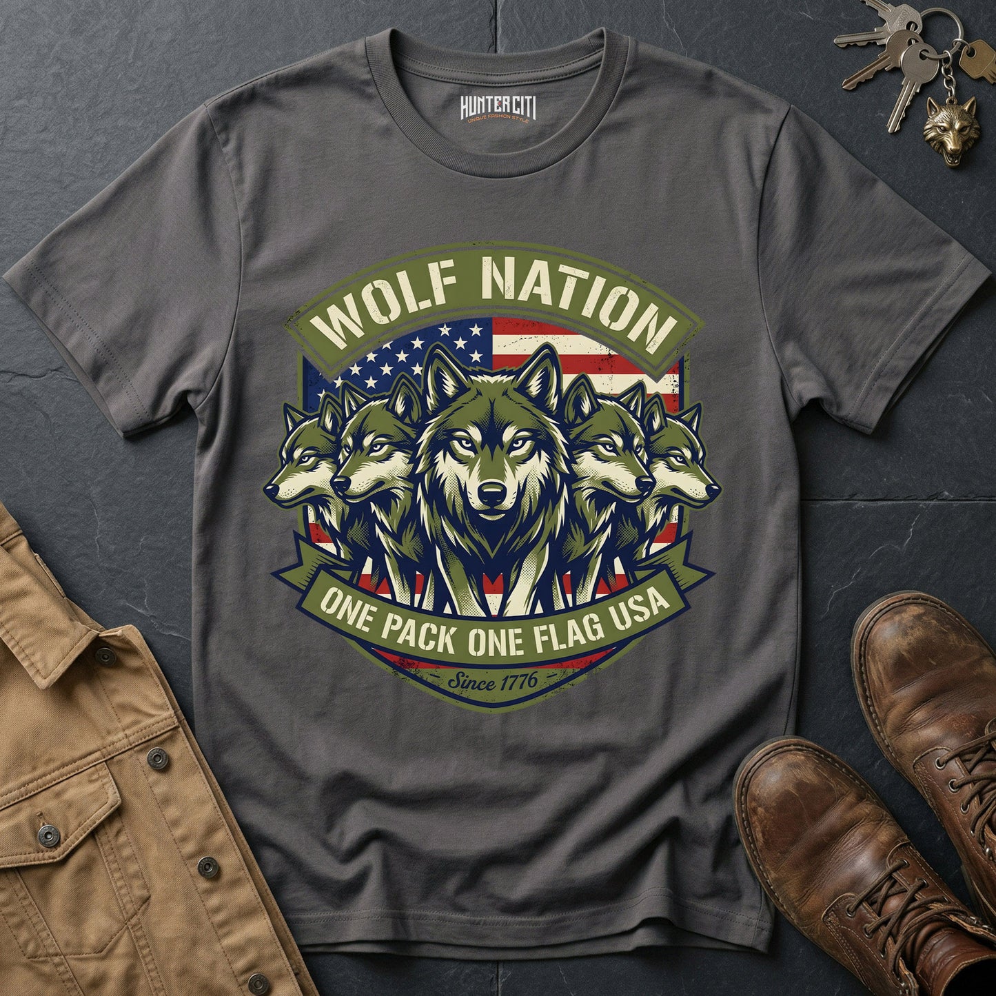 Wolf Nation One Pack One Flag USA Since 1776 T-Shirt - Patriotic 5 Wolf Pack Badge Graphic Tee Gift for Men