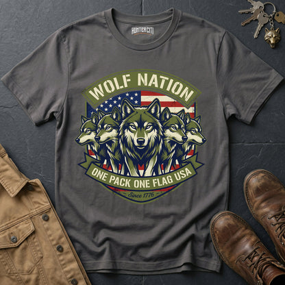 Wolf Nation One Pack One Flag USA Since 1776 T-Shirt - Patriotic 5 Wolf Pack Badge Graphic Tee Gift for Men