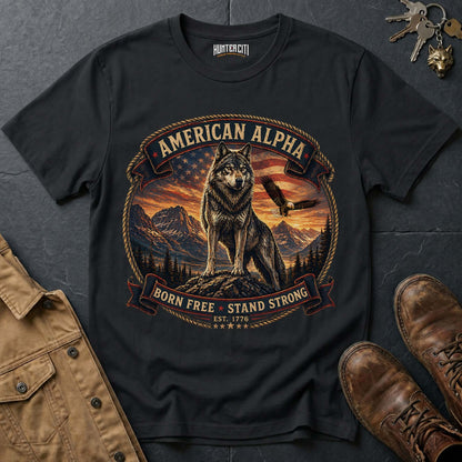 American Alpha Born Free Stand Strong T-Shirt - Patriotic Wolf Graphic Tee USA Gift for Men