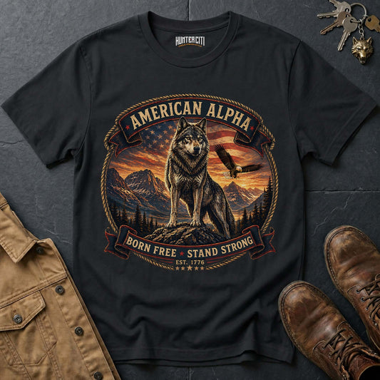 American Alpha Born Free Stand Strong T-Shirt - Patriotic Wolf Graphic Tee USA Gift for Men