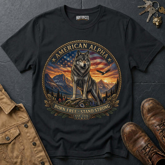American Alpha Born Free Stand Strong T-Shirt - Patriotic Wolf Vintage Graphic Tee USA Gift for Men