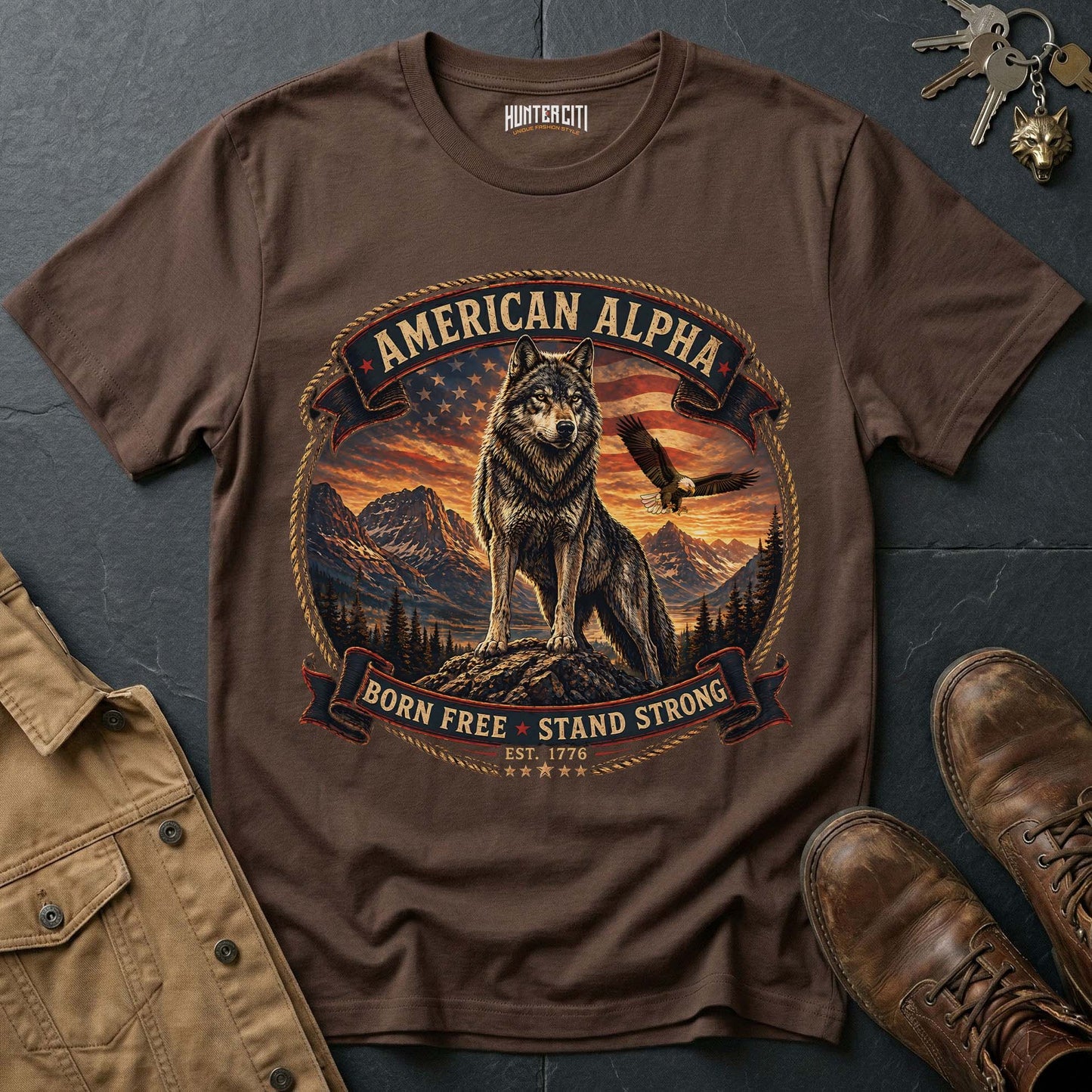 American Alpha Born Free Stand Strong T-Shirt - Patriotic Wolf Graphic Tee USA Gift for Men