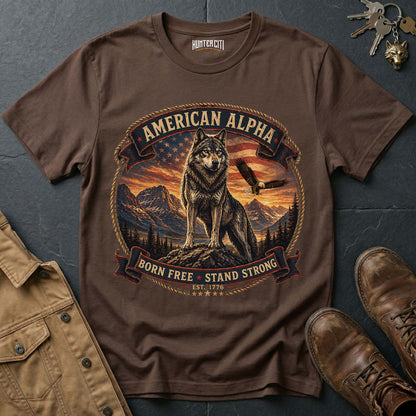 American Alpha Born Free Stand Strong T-Shirt - Patriotic Wolf Graphic Tee USA Gift for Men
