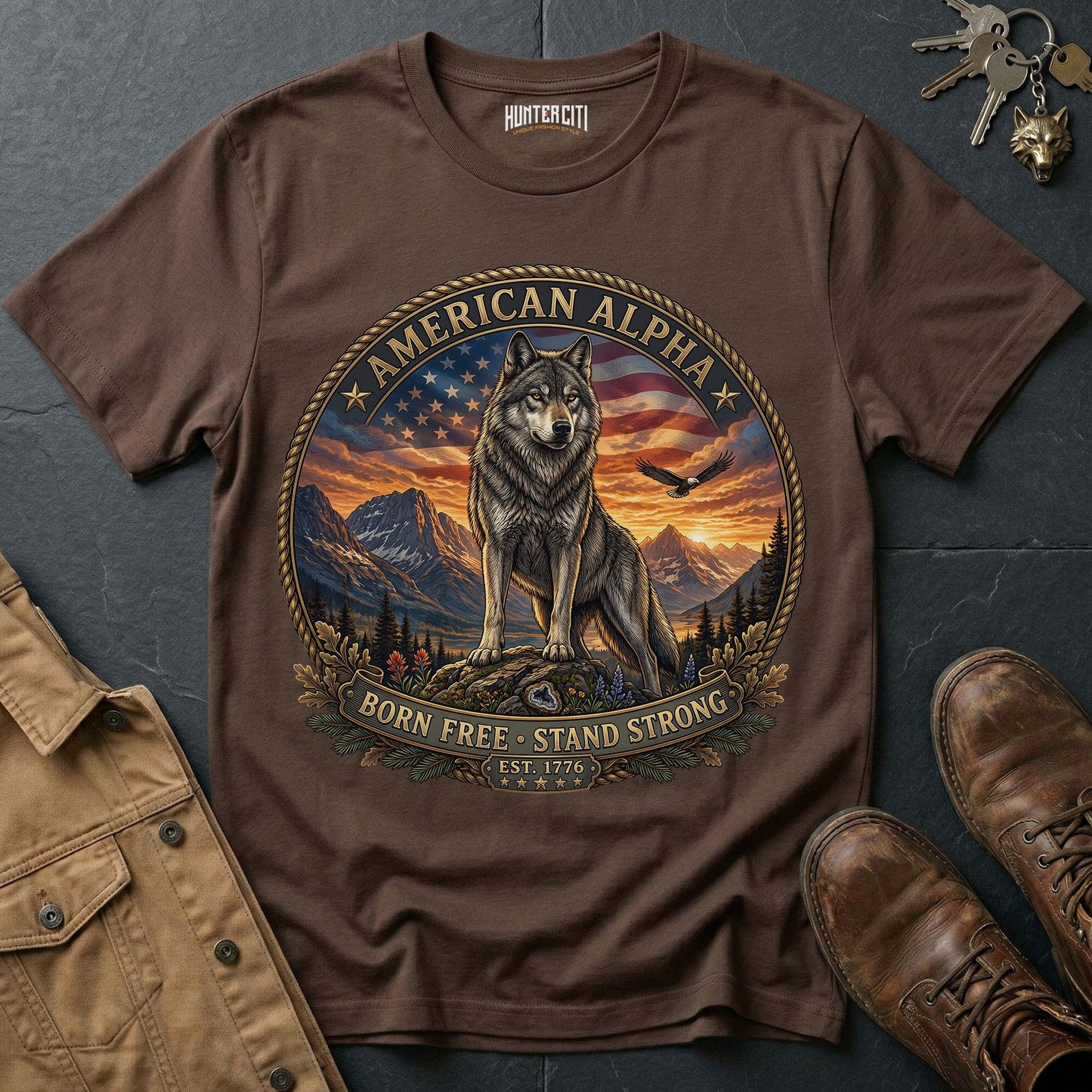 American Alpha Born Free Stand Strong T-Shirt - Patriotic Wolf Vintage Graphic Tee USA Gift for Men