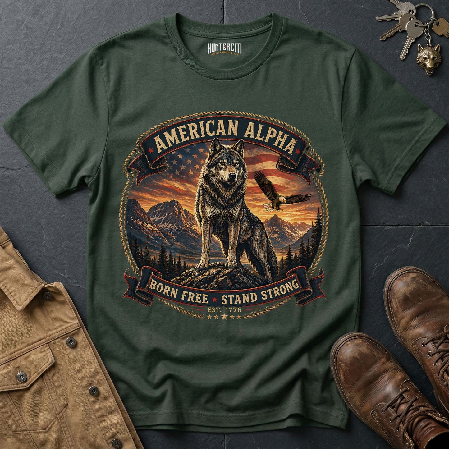 American Alpha Born Free Stand Strong T-Shirt - Patriotic Wolf Graphic Tee USA Gift for Men
