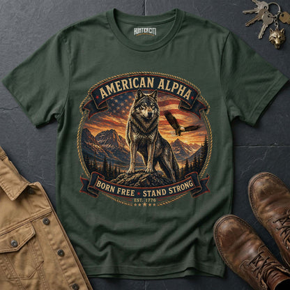 American Alpha Born Free Stand Strong T-Shirt - Patriotic Wolf Graphic Tee USA Gift for Men
