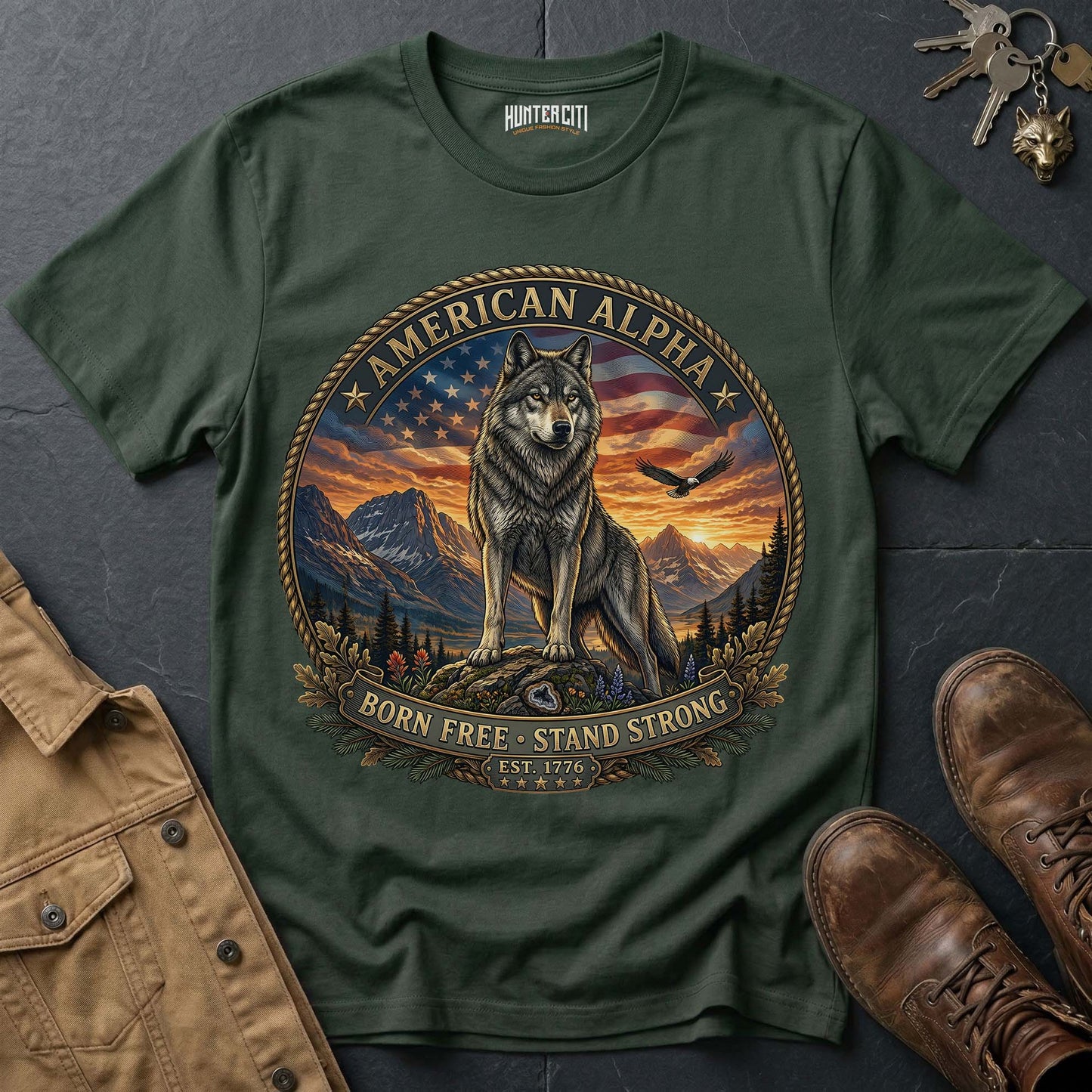 American Alpha Born Free Stand Strong T-Shirt - Patriotic Wolf Vintage Graphic Tee USA Gift for Men
