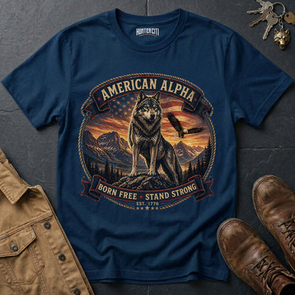 American Alpha Born Free Stand Strong T-Shirt - Patriotic Wolf Graphic Tee USA Gift for Men