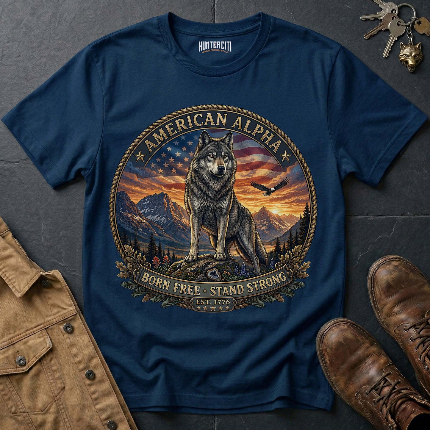 American Alpha Born Free Stand Strong T-Shirt - Patriotic Wolf Vintage Graphic Tee USA Gift for Men
