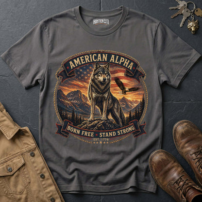 American Alpha Born Free Stand Strong T-Shirt - Patriotic Wolf Graphic Tee USA Gift for Men