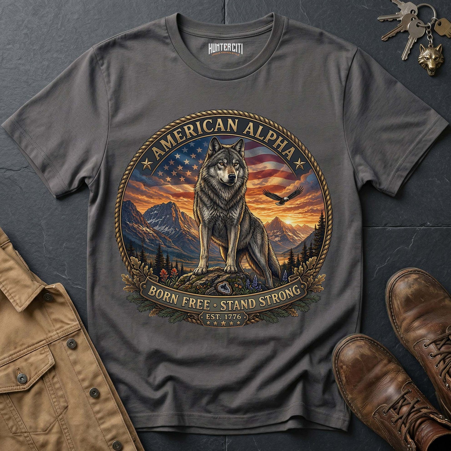 American Alpha Born Free Stand Strong T-Shirt - Patriotic Wolf Vintage Graphic Tee USA Gift for Men