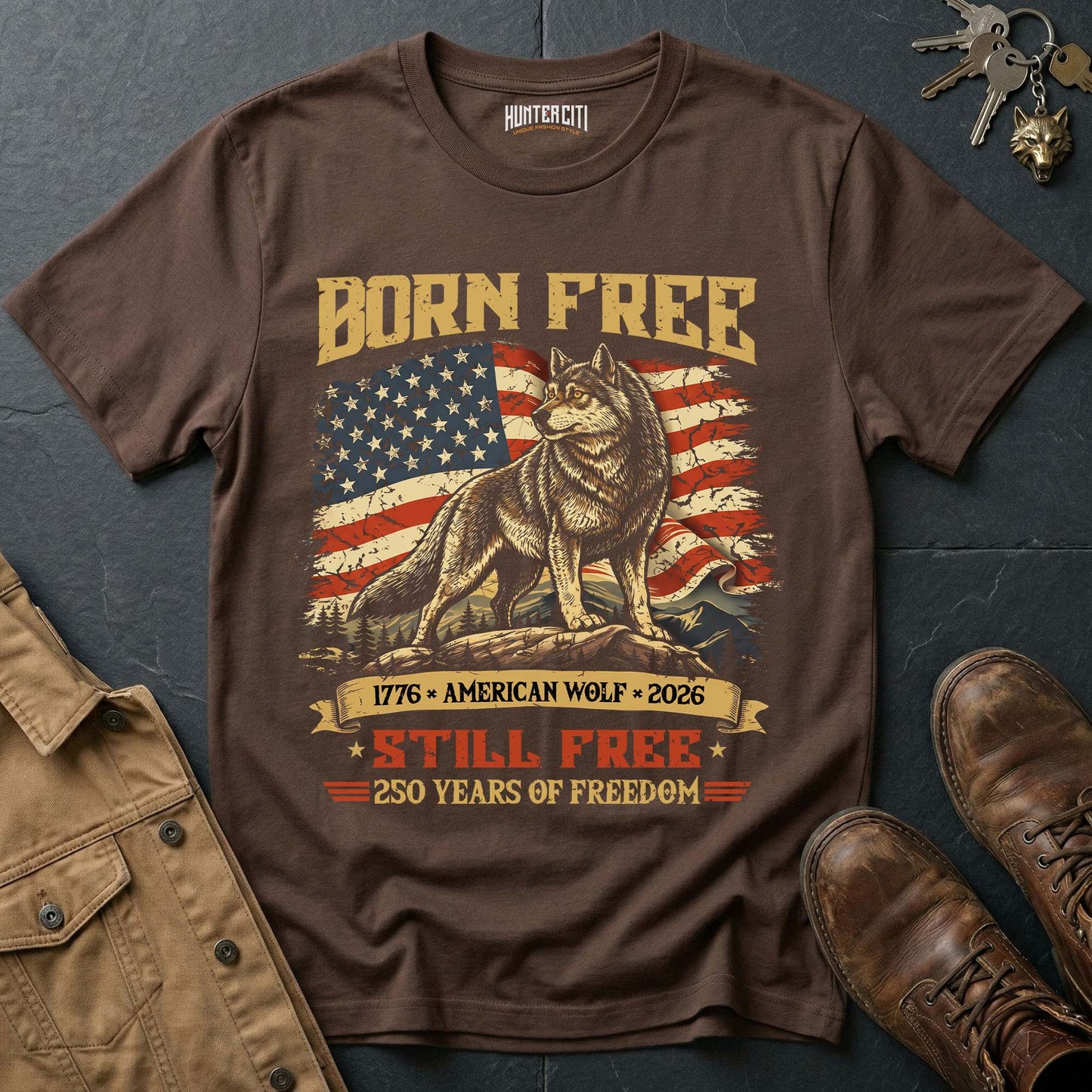 Born Free 1776 American Wolf 2026 Still Free T-Shirt - 250 Years of Freedom Patriotic Wolf Graphic Tee USA Gift