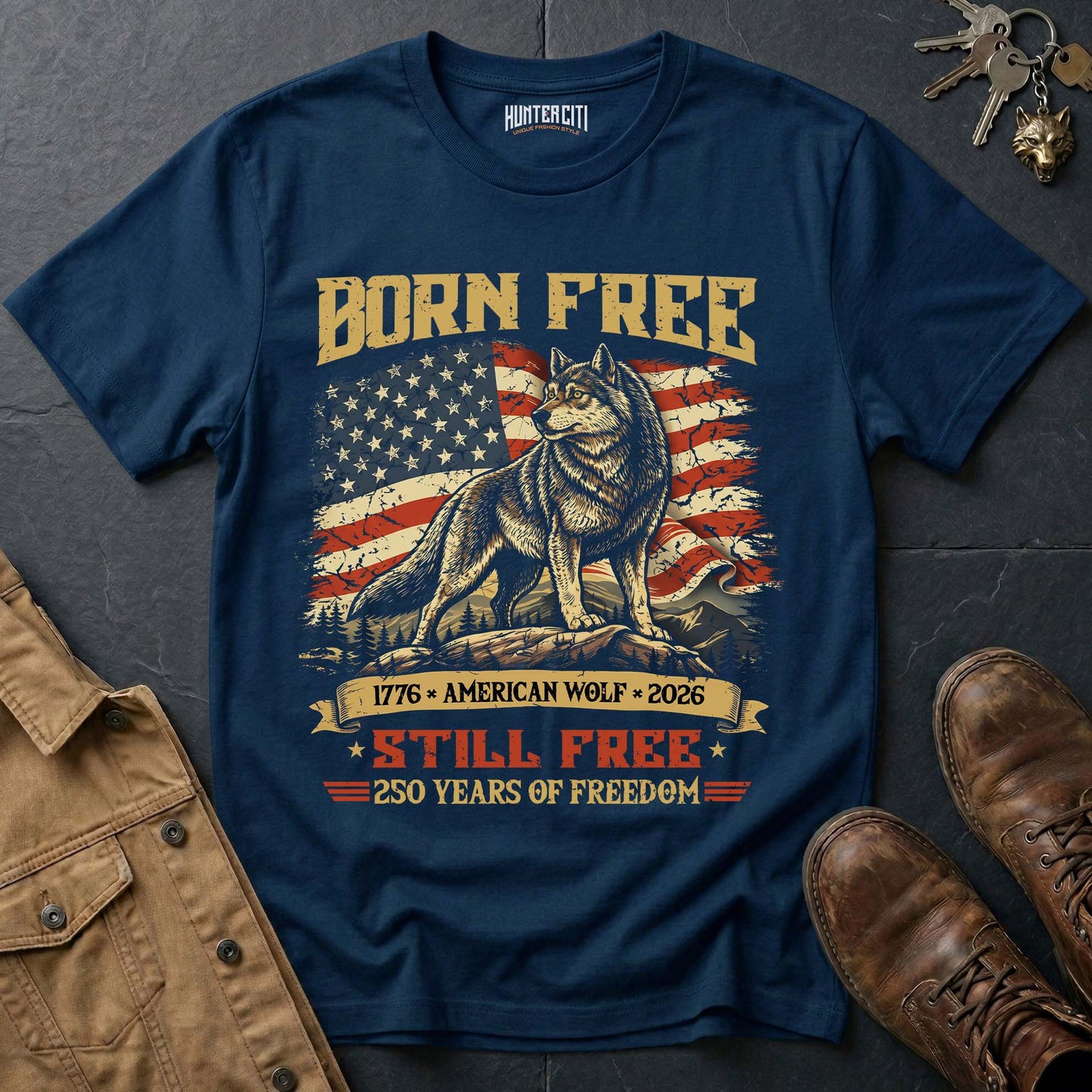 Born Free 1776 American Wolf 2026 Still Free T-Shirt - 250 Years of Freedom Patriotic Wolf Graphic Tee USA Gift