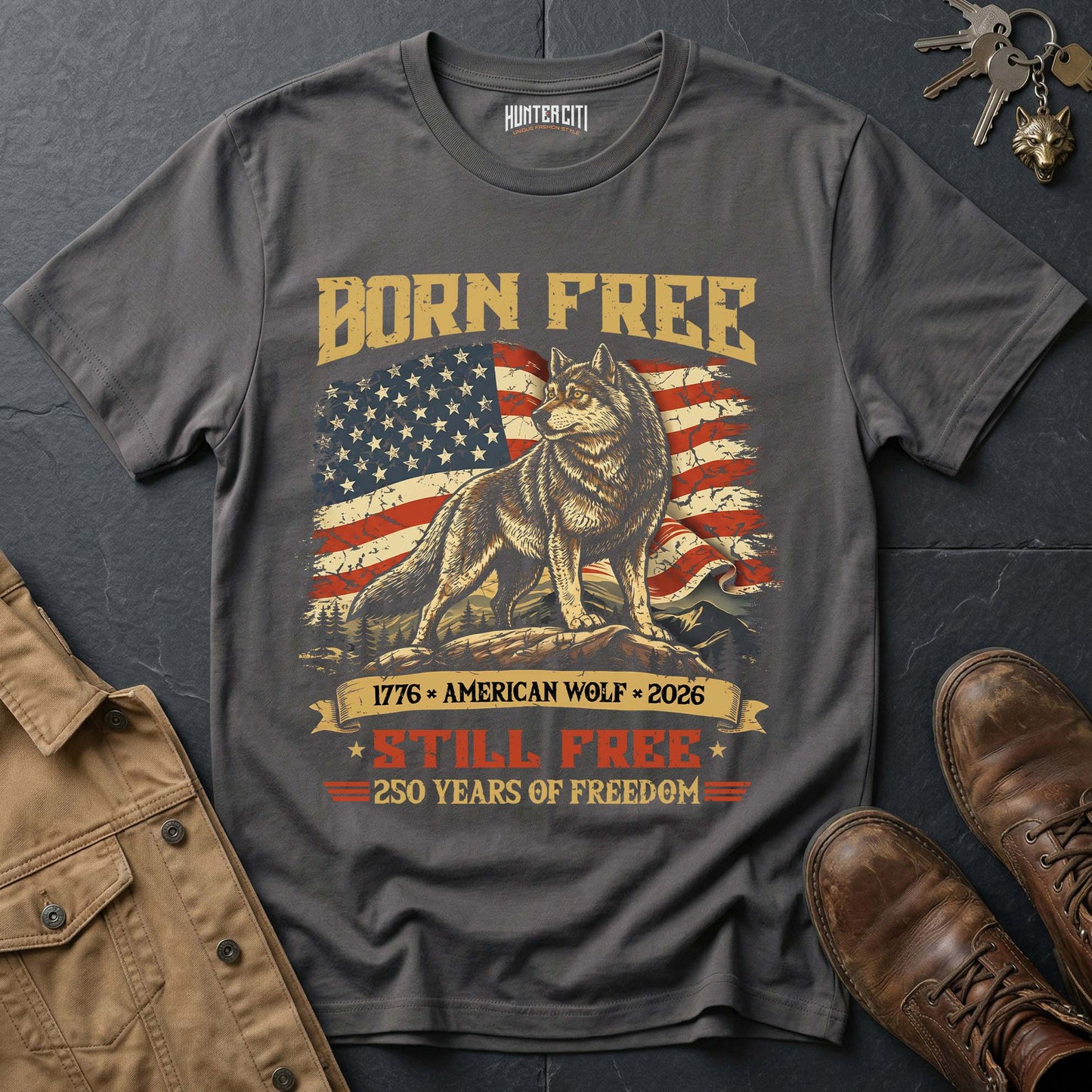 Born Free 1776 American Wolf 2026 Still Free T-Shirt - 250 Years of Freedom Patriotic Wolf Graphic Tee USA Gift