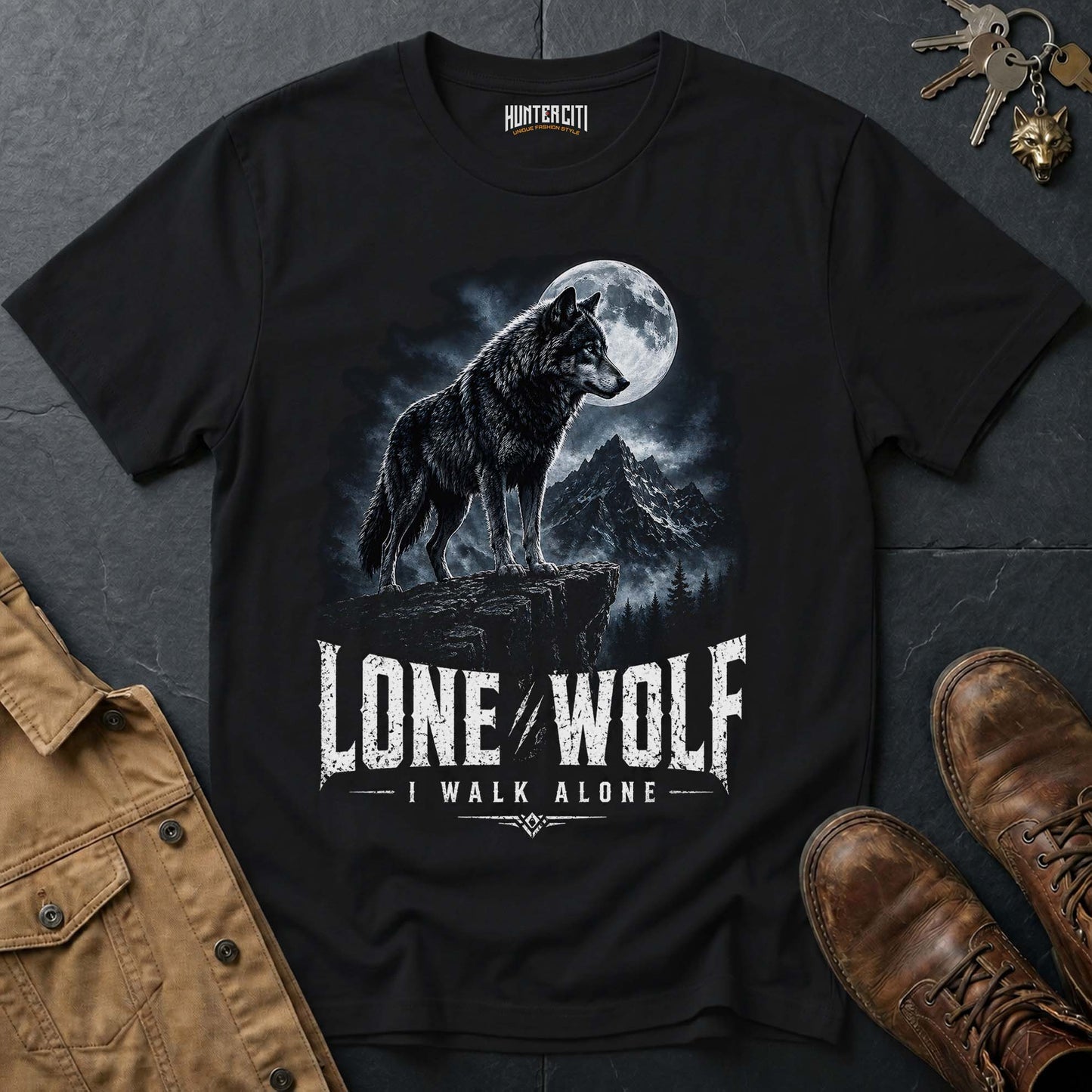 Lone Wolf I Walk Alone T-Shirt — Patriotic American Wolf Graphic Tee USA Independent Spirit Gift for Men