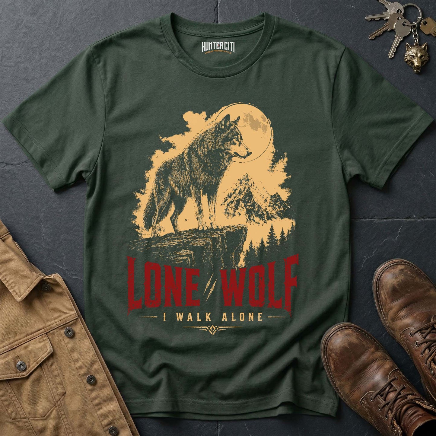 Lone Wolf I Walk Alone T-Shirt — Patriotic American Wolf Vintage Graphic Tee USA Independent Spirit Gift for Men