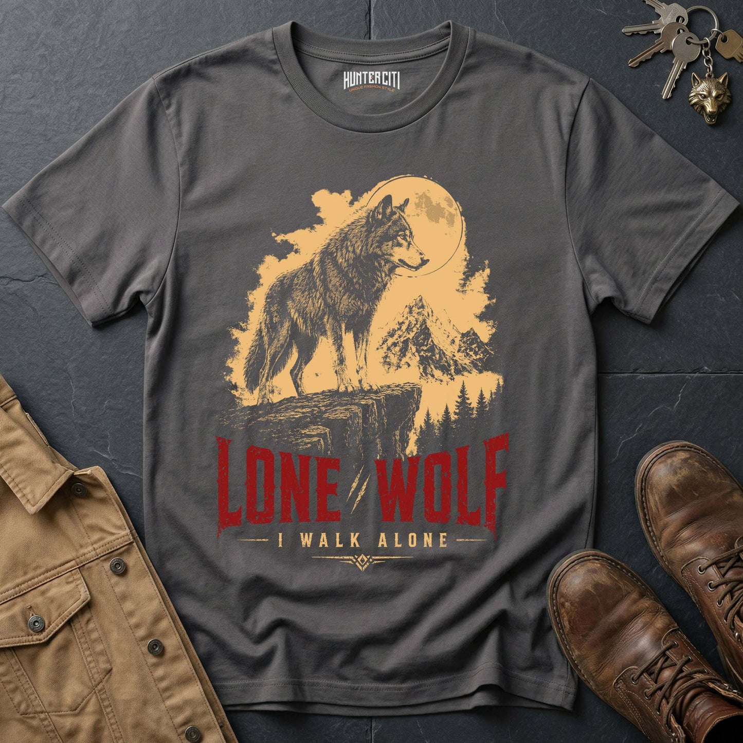 Lone Wolf I Walk Alone T-Shirt — Patriotic American Wolf Vintage Graphic Tee USA Independent Spirit Gift for Men