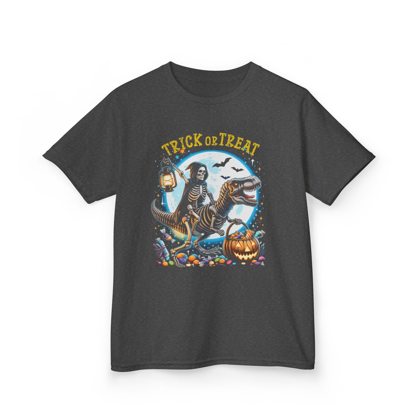 Skeleton Riding Mummy Dinosaur T Rex Halloween Funny Pumpkin Kids T-Shirt - Cute Dinosaur Skeleton Halloween Shirt for Boys & Girls